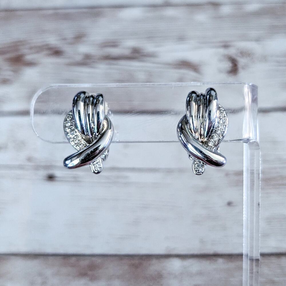 Vintage Clip On Earrings - 0.75" Silver Tone & Clear Gem Elegant
